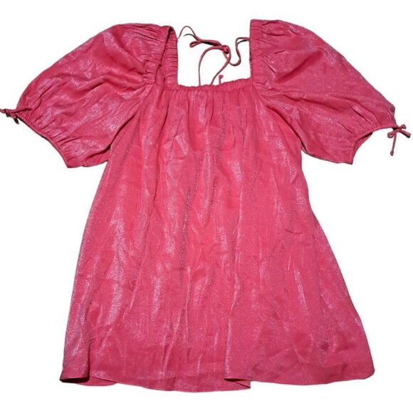Free People Mara Mini Dress Women's Shimmering Boho Tunic Pink Balloon Sleeves M - Picture 3 of 9
